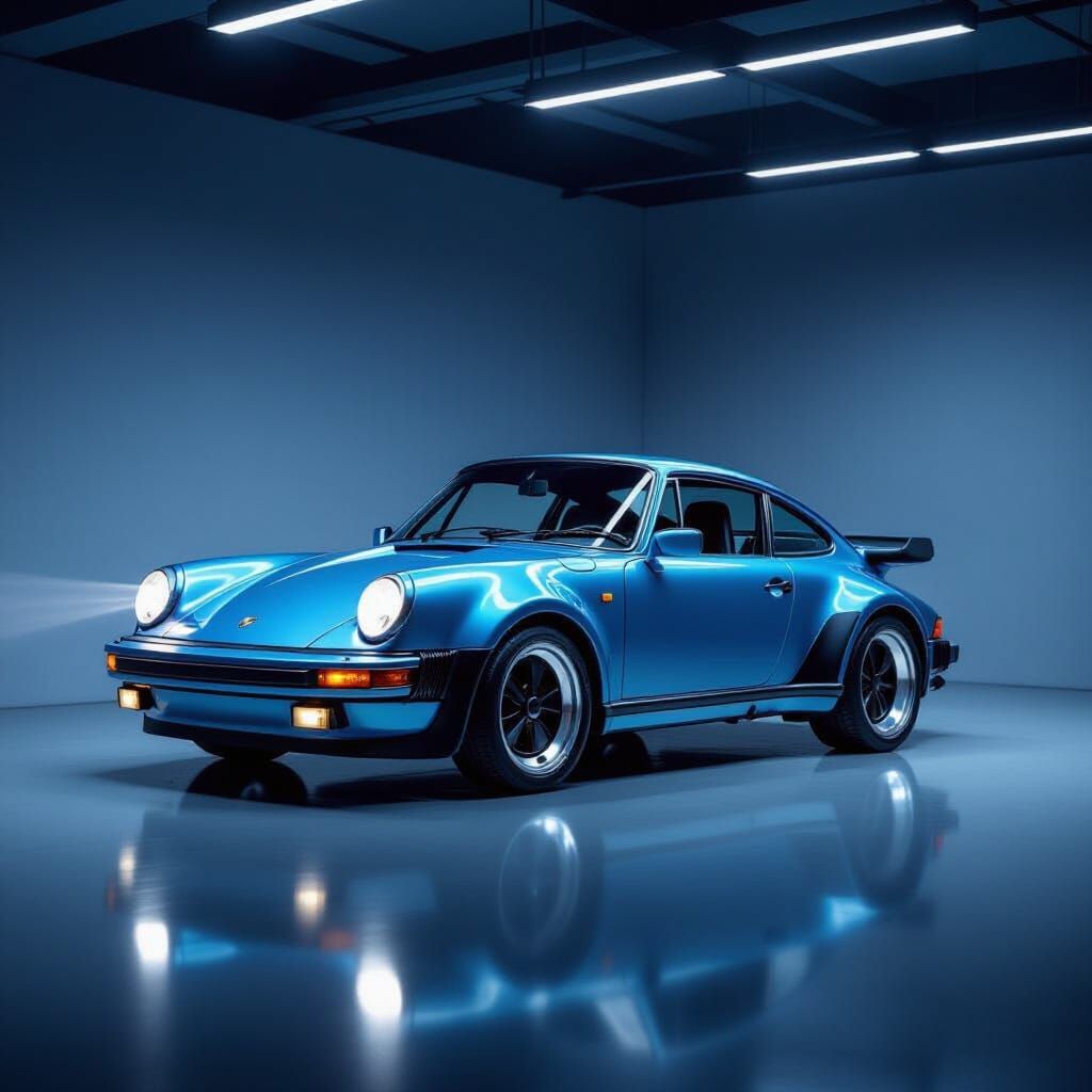Metallic Blue 1980 Porsche 930 Turbo as Art in Modern Garage