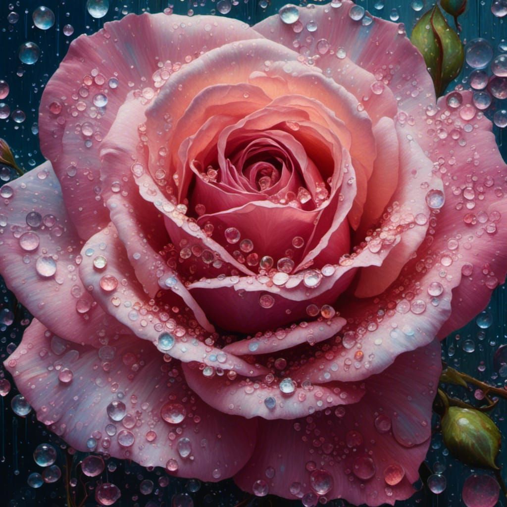 Impasto Rose with Iridescent Dewdrops