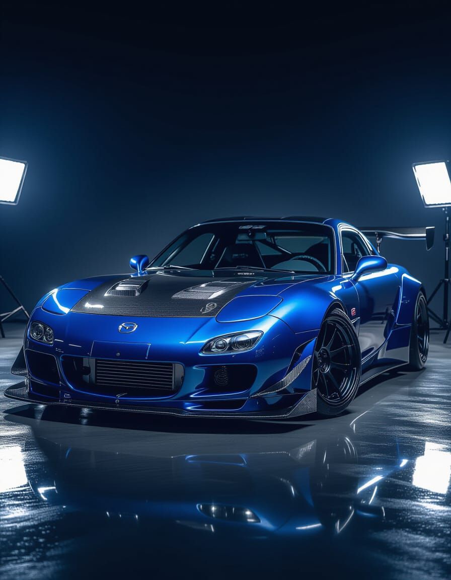 Modified Dark Blue Mazda RX-7 FD3S in Studio