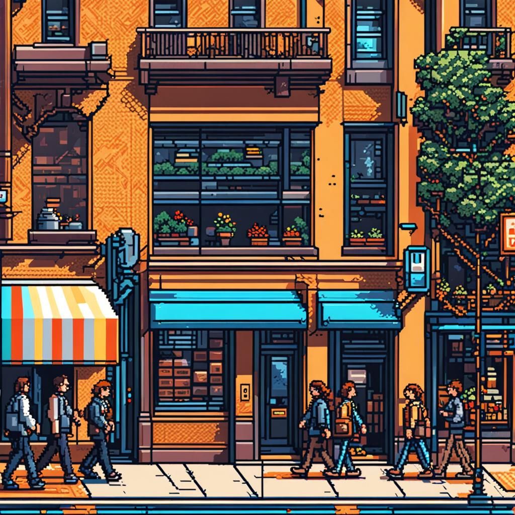 Vivid 8-bit Pixel Art of People on Sidewalk