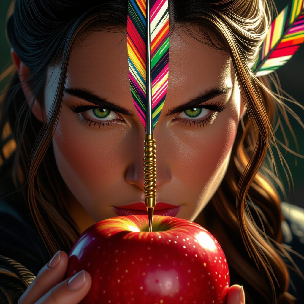 Closeup of Arrow Piercing Apple with Psychedelic Fletching