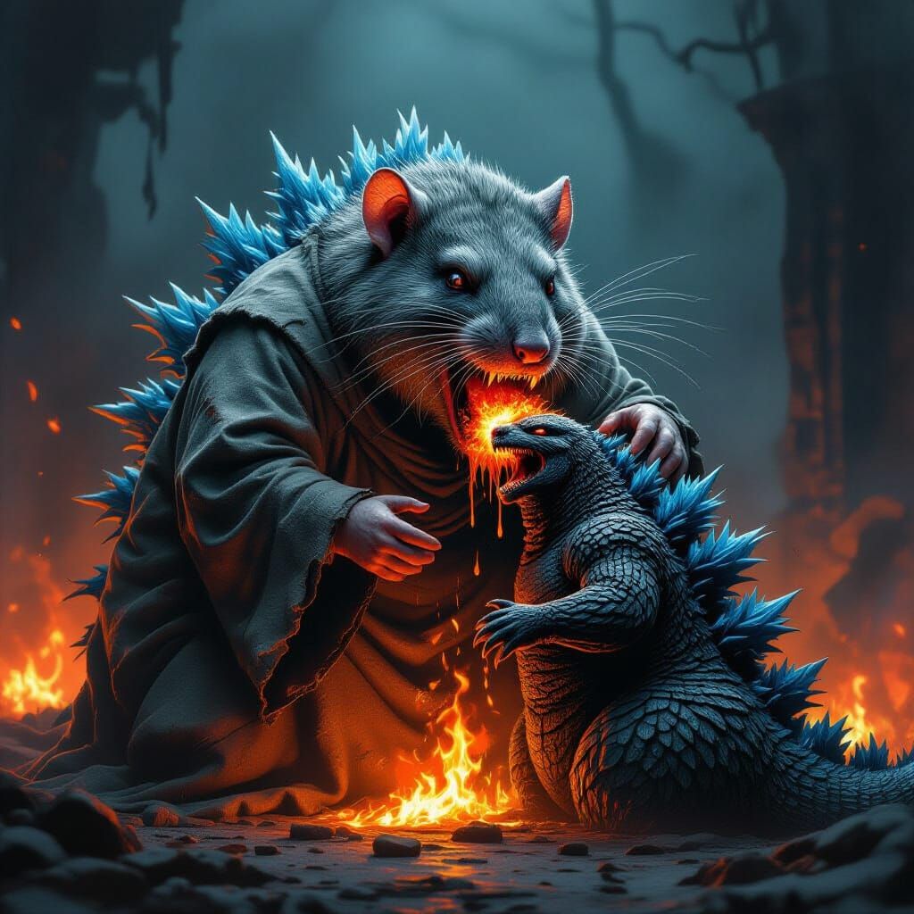 Obese Rat-Human Hybrid Devouring Godzilla in Horror Scene