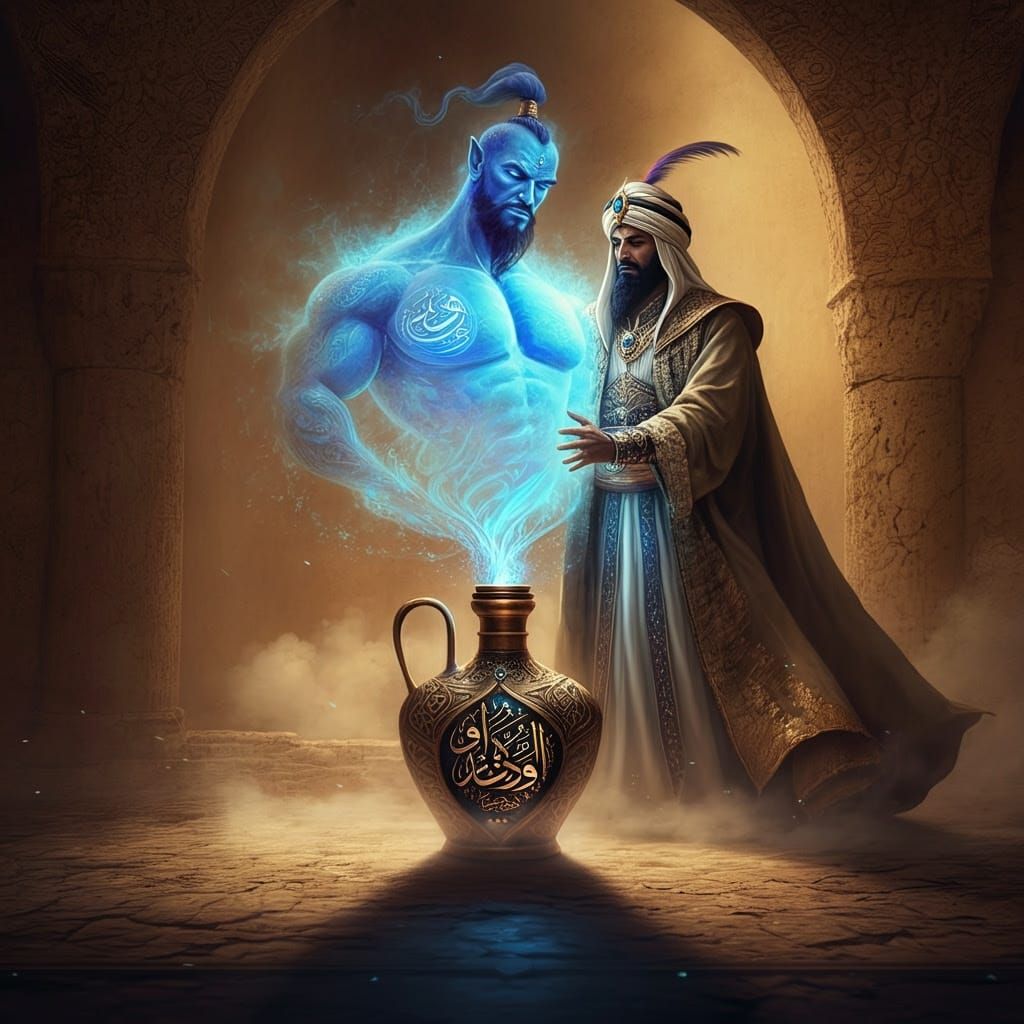 Mystical Sorcerer Unleashes Cosmic Genie in Arabian Splendor