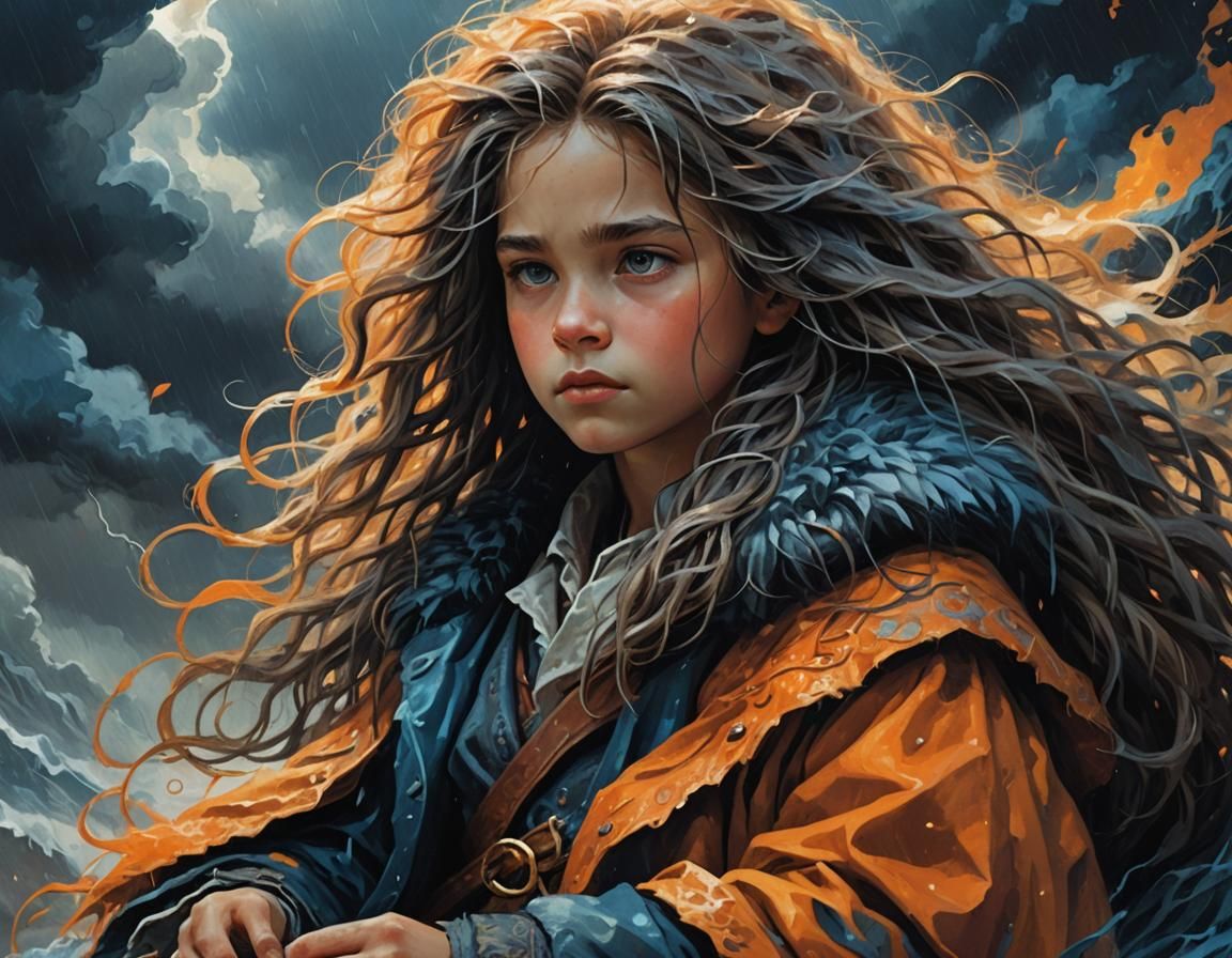 Child in Storm with Magical Animal as Impasto Painting