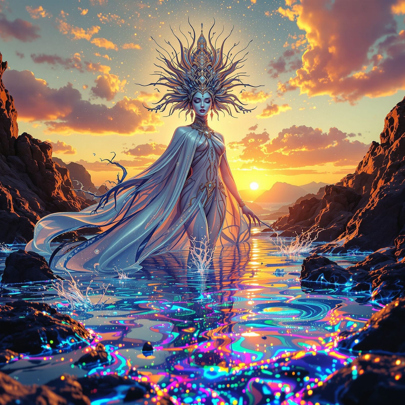 Goddess Emerges from Iridescent Ink in Art Nouveau Style