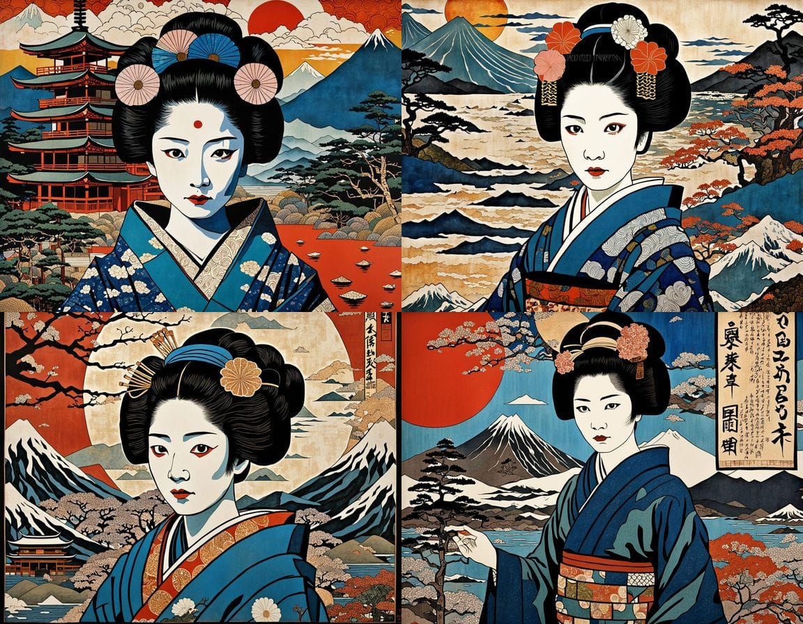 Dark Geisha Princess in Cubist Ukiyo-E Style