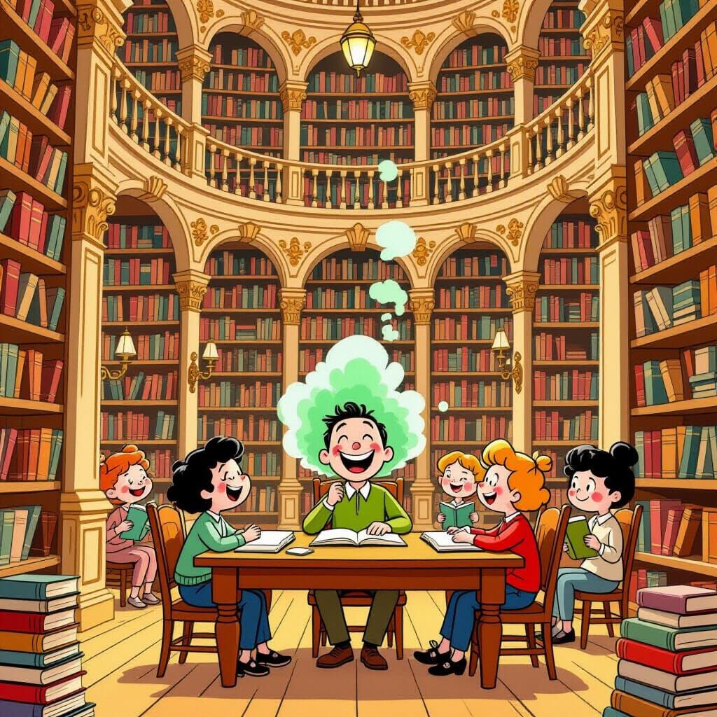 Whimsical Cartoon Library with Laughing Reader and Green Puf...