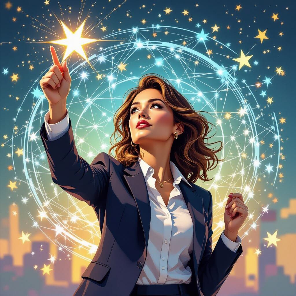 Determined Business Person Reaching for Star in Digital Netw...