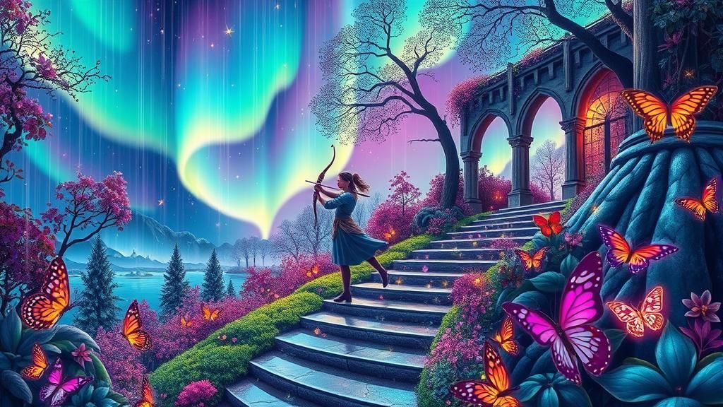 Fantastical Archer in Iridescent Aurora Garden