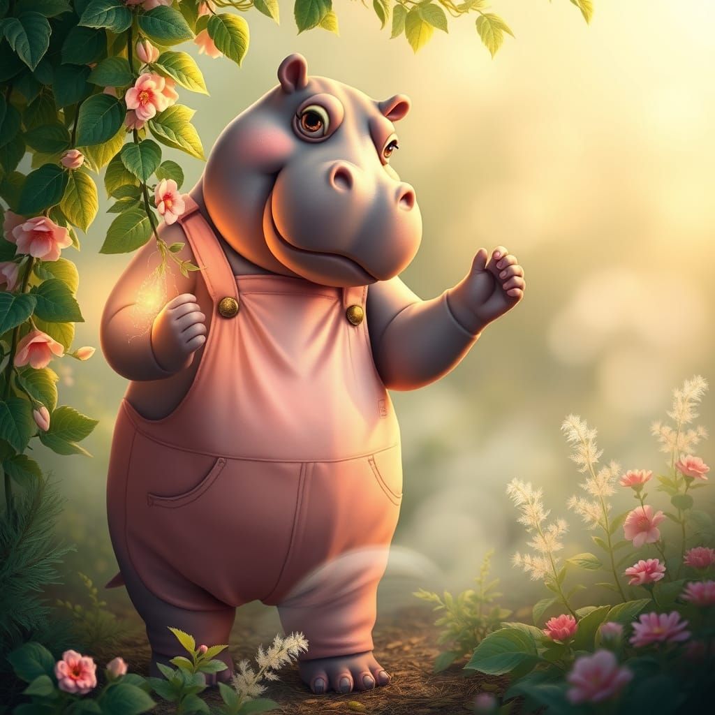 Hippo in a Soft Pink Gardening Overall