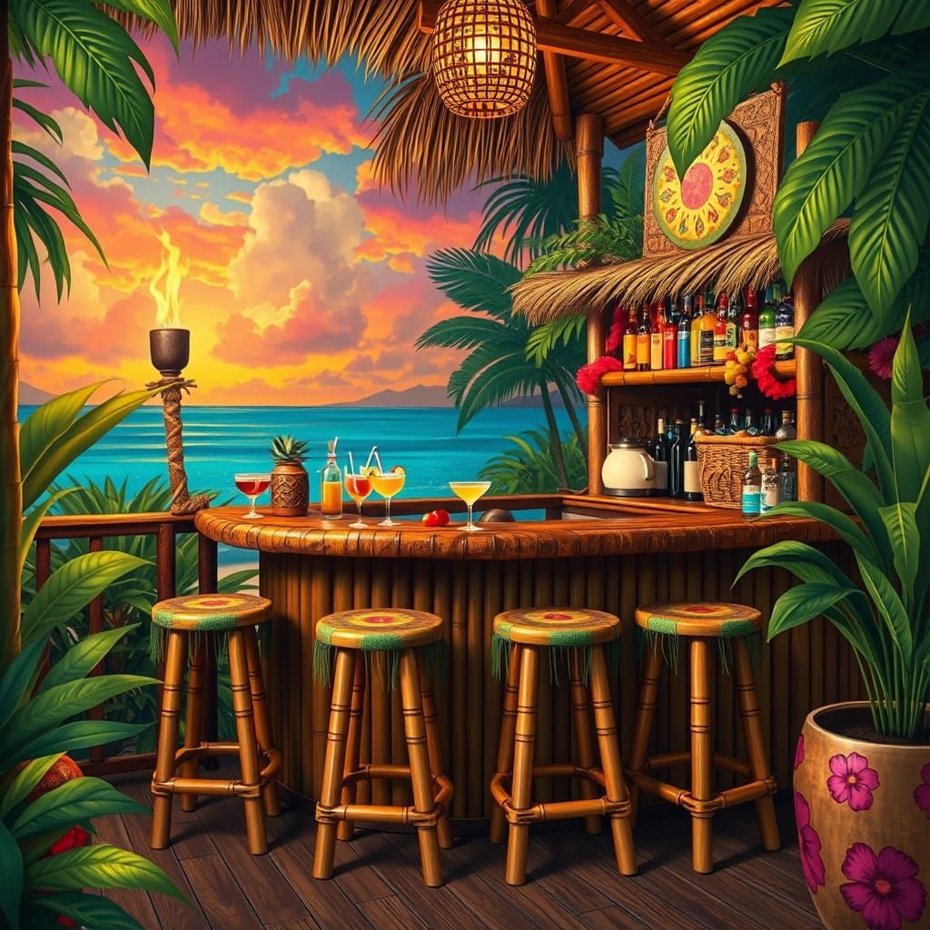 Cozy Tiki Bar Retreat in Vibrant Tropical Ambiance
