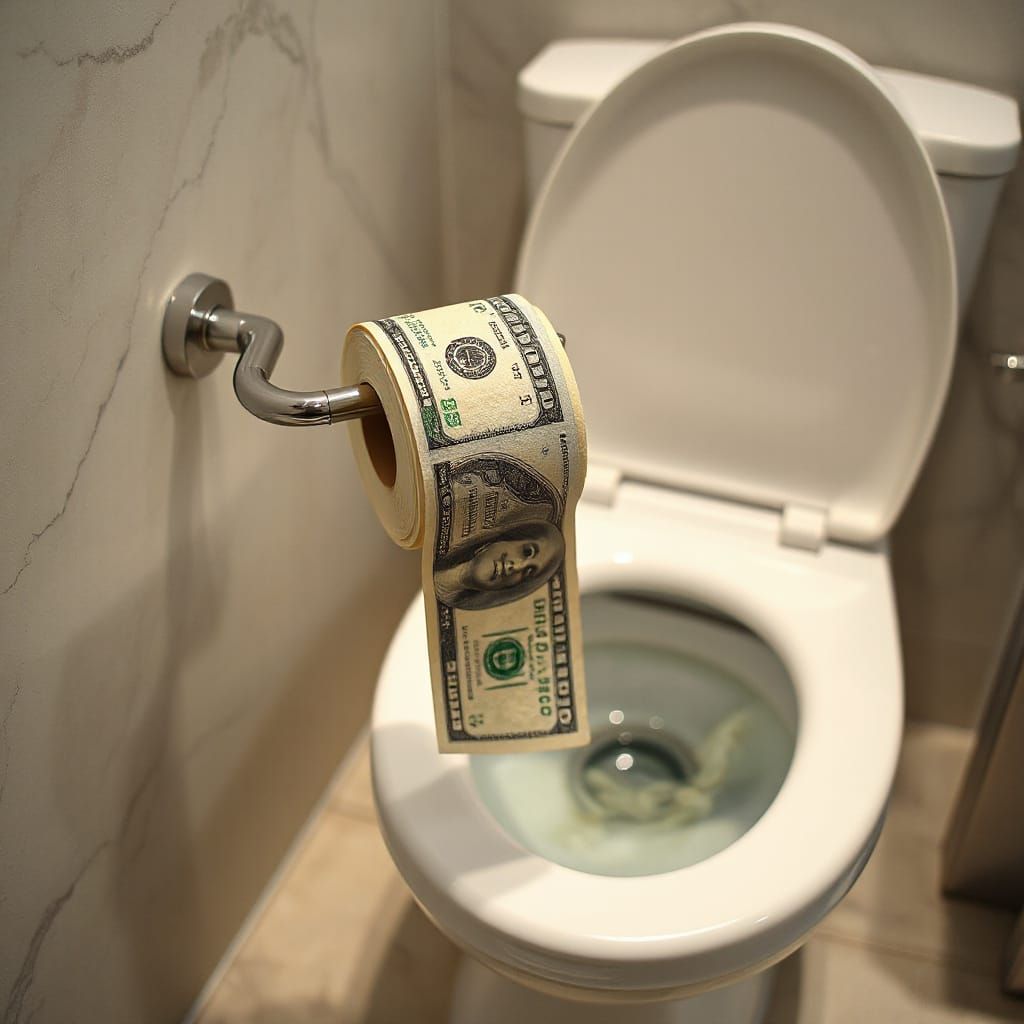 Dollar Bills as Toilet Paper in Luxurious Bathroom