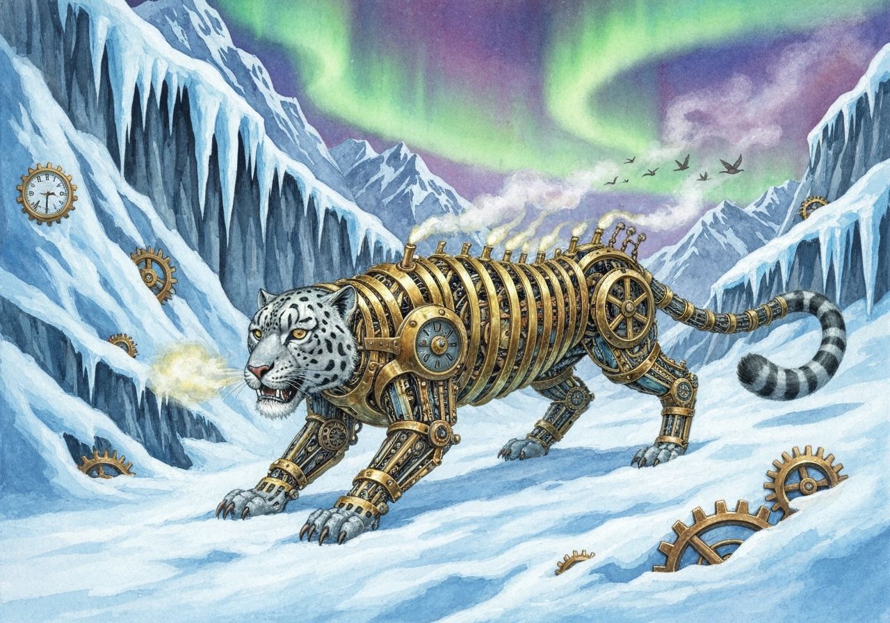 Steampunk Snow Leopard in Icy Mountains