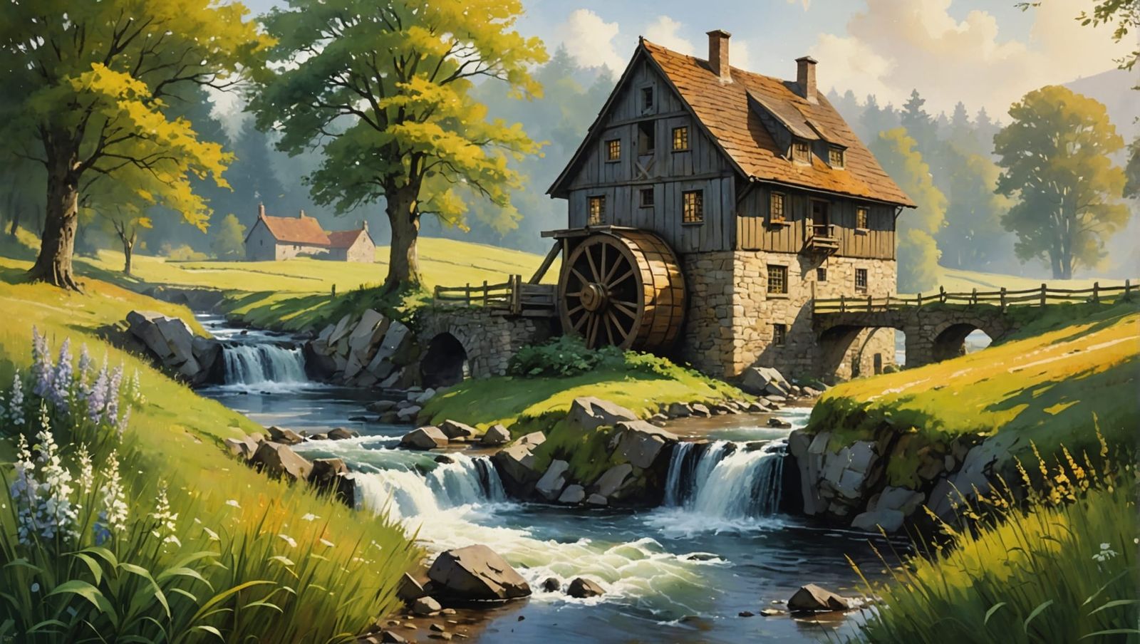 Water Mill in Foggy Meadow: Oil Painting Illustration
