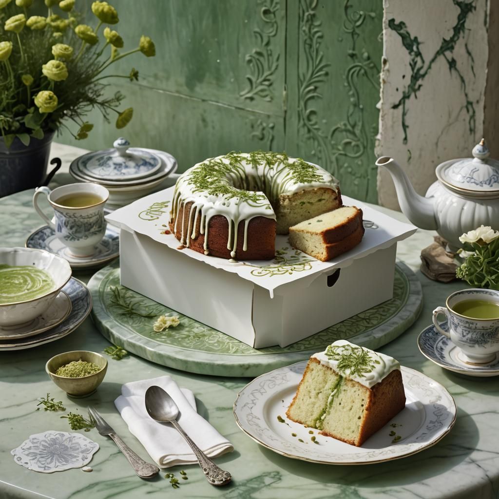 Elaborate Caraway Cake Overflowing in English Teahouse