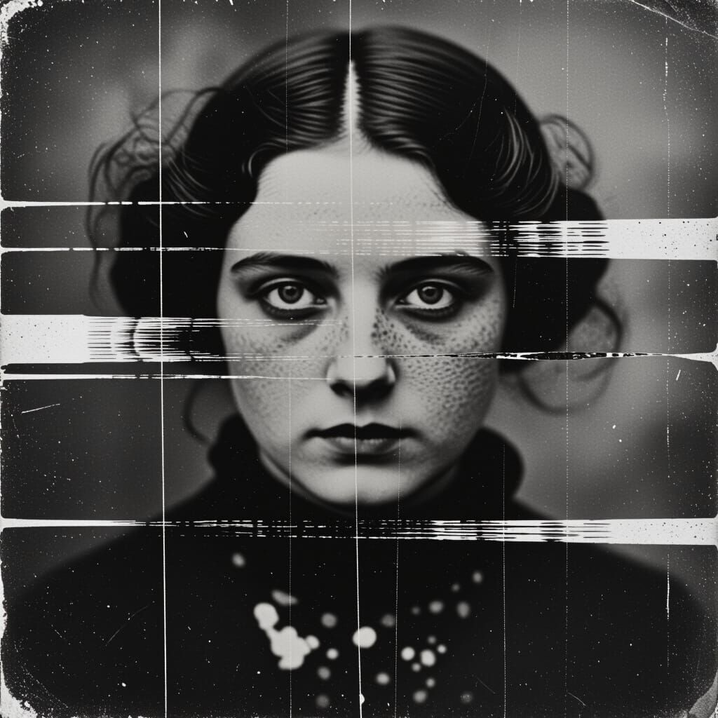 Dreamy Glitched Antique Photo in Grunge Art Brut Style