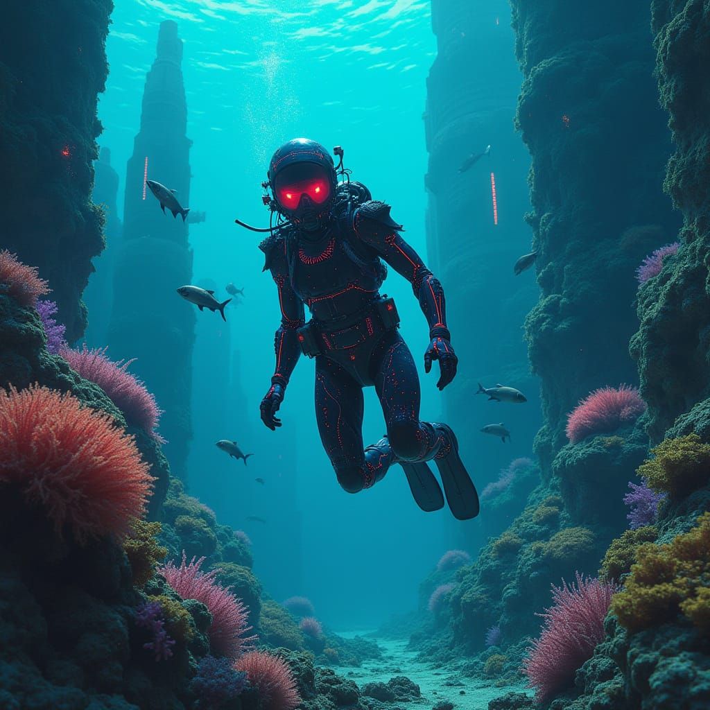 Bioluminescent Explorer Navigating Underwater Cityscape