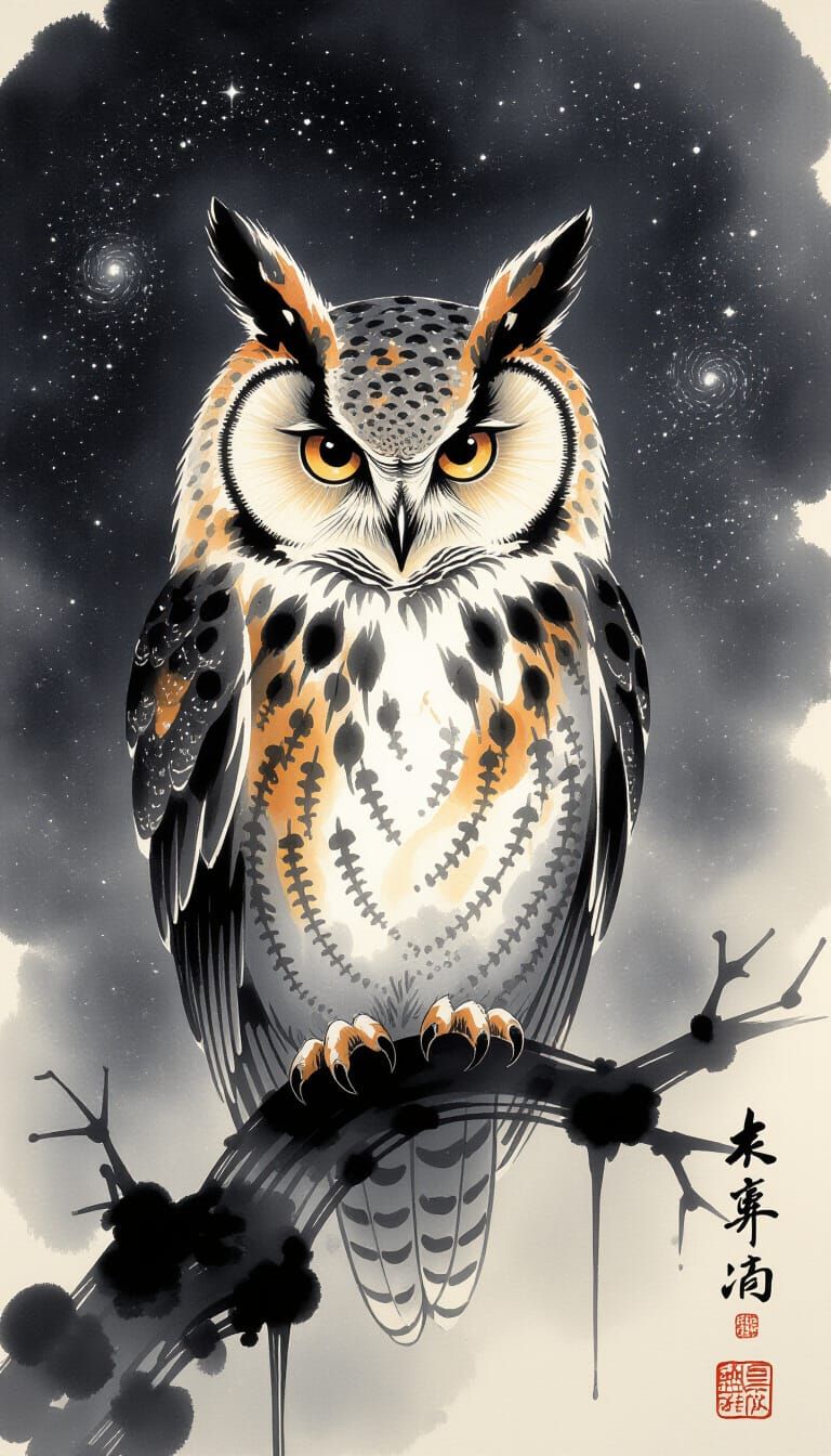 Ancient Wise Owl in Chinese Ink Style