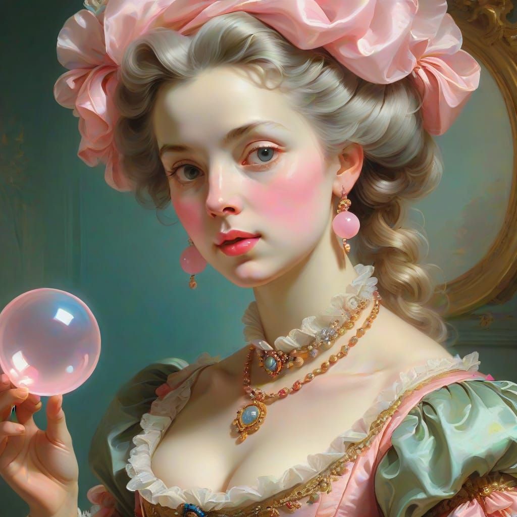 Elegant Noblewoman Blows a Pink Bubble in Whimsical Rococo P...