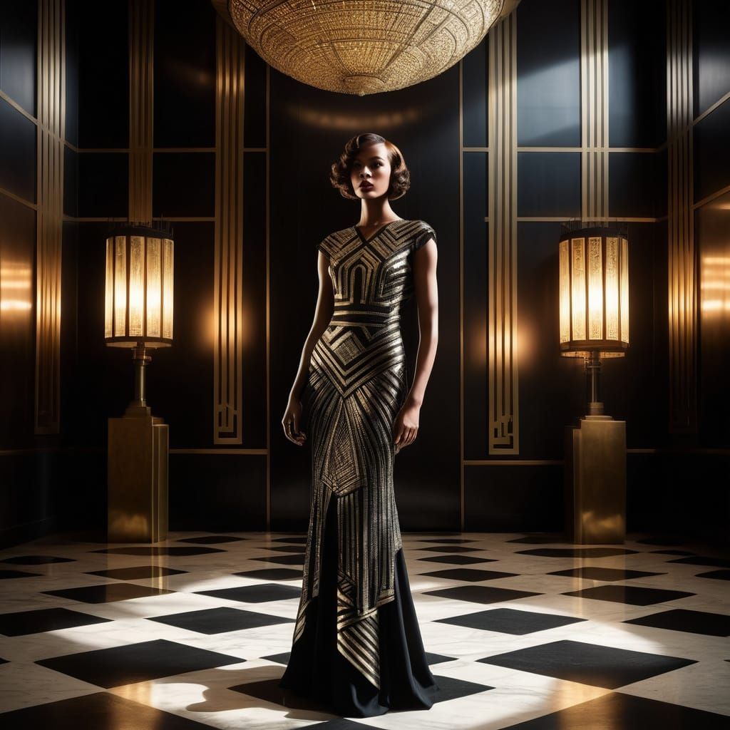 Regal Woman Dominates Decadent Art Deco Cityscape