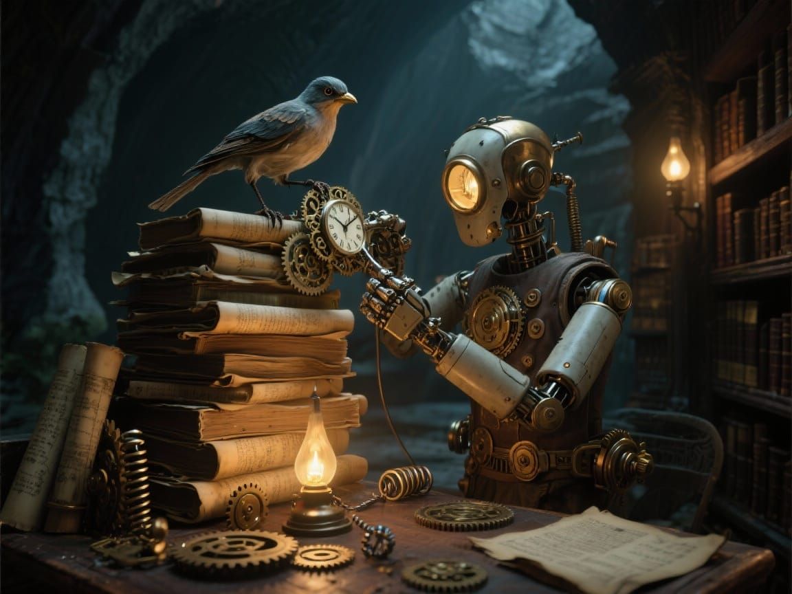 Steampunk Automaton Repairs Clockwork Bird in Ancient Archiv...