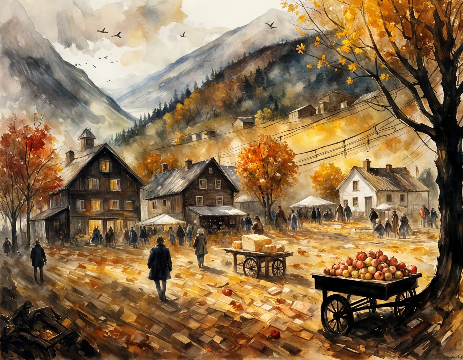 Mountain Village Harvest Festival in Watercolour Style