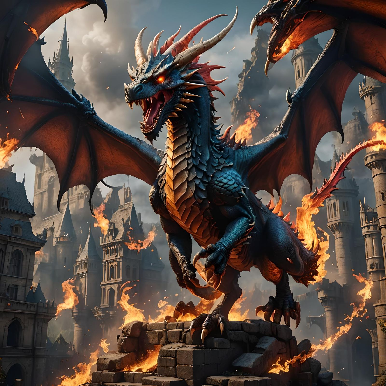 Detailed Matte Painting of a Fire-Breathing Wyvern