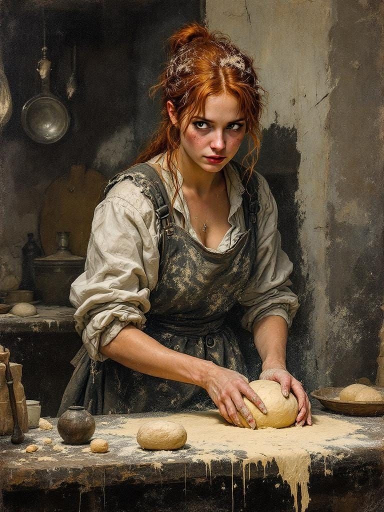 Redhead Baker Kneading Dough in Wabi-Sabi Style