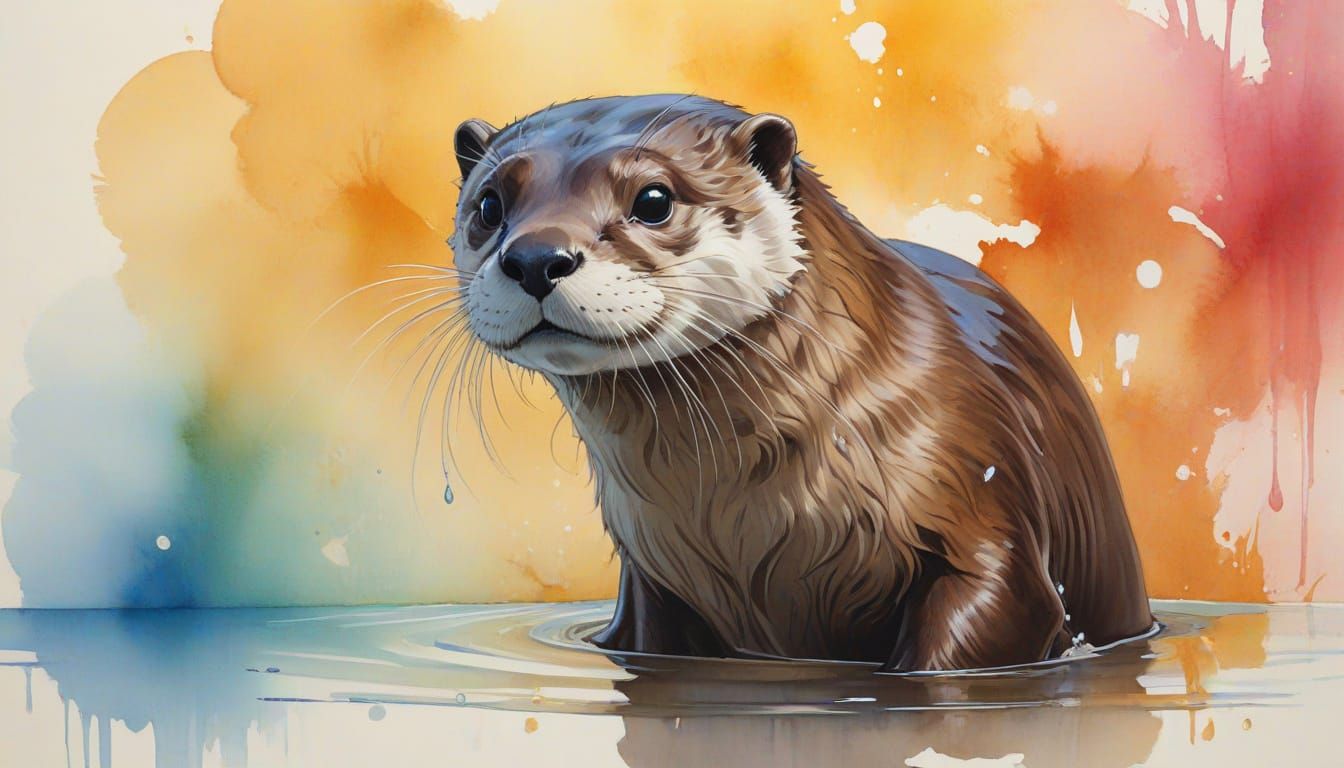 Ethereal Otter in Watercolor Wash with Colorful Splash Art
