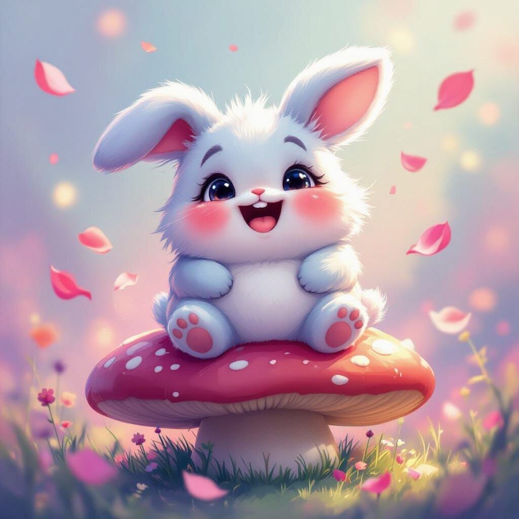 Chubby Bunny Laughing on Mushroom, Digital Art