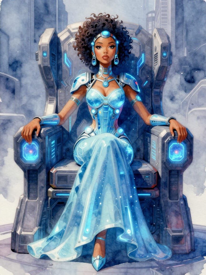 Cyberpunk Brazilian Queen on Glowing Throne in 3D Watercolor