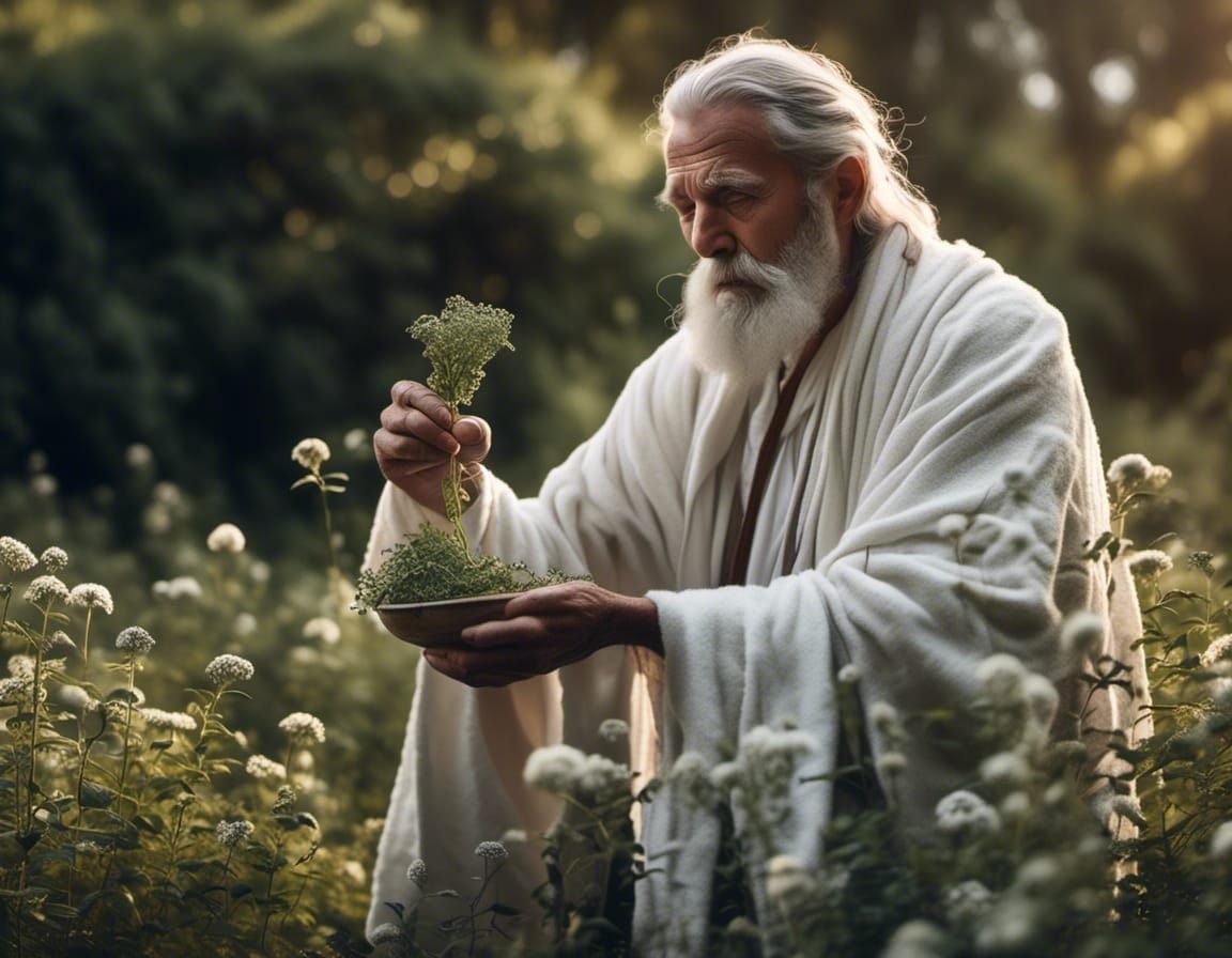 Celtic Druid Collecting Herbs in Hyperrealistic Photo