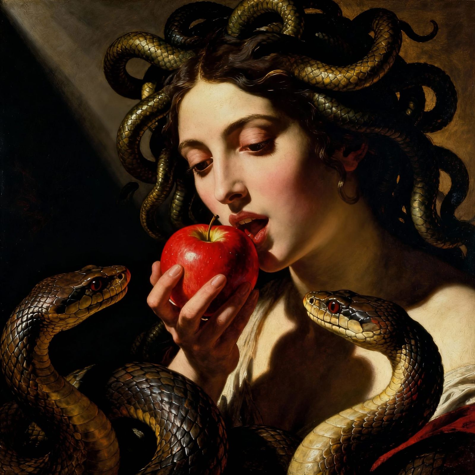 Medusa Feeds Snakes Apples in Dramatic Chiaroscuro Style