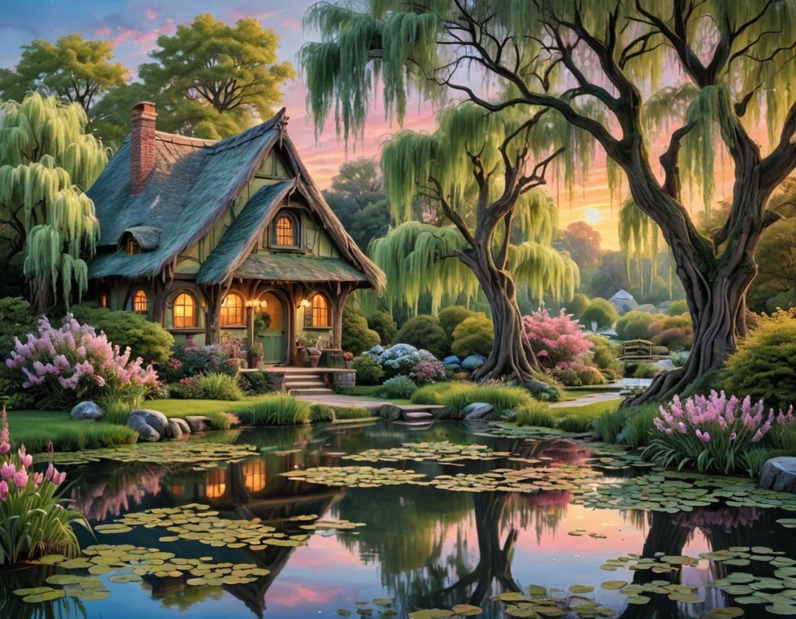 Hobbit Home at Sunset by Pond