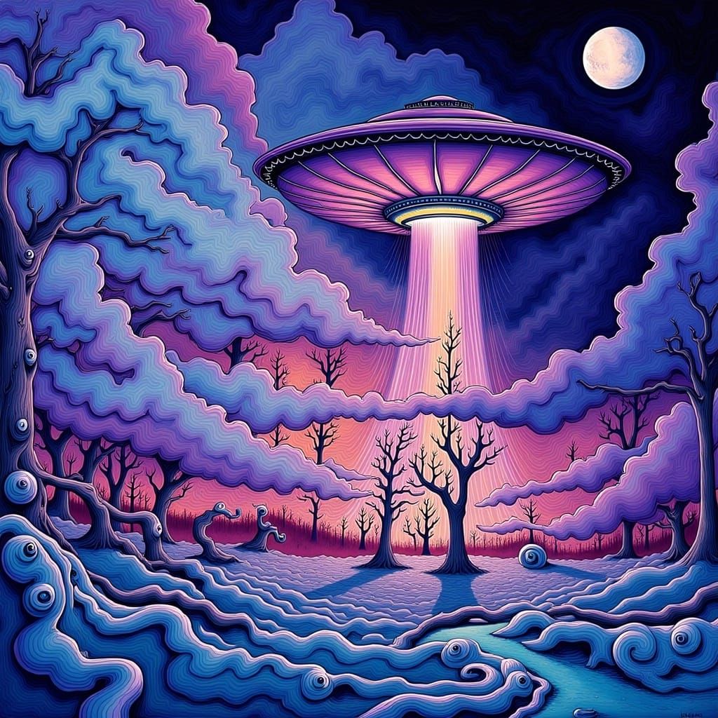 Mystical Moonscape with UFO in Surrealist Style