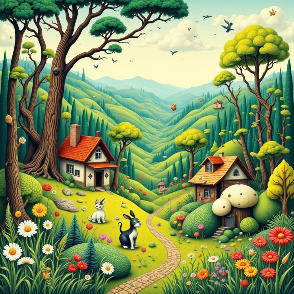 Happy Woodcut Landscape in Whimsical Style