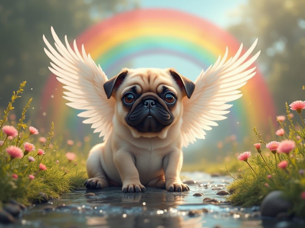 Pug with Wings in a Rainbow Flower Garden