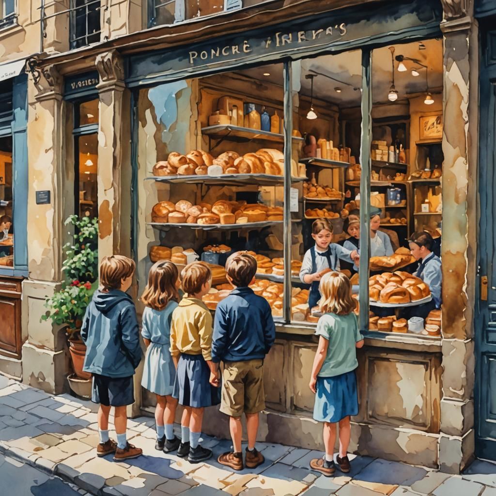 Kids Admire Bakery Window, Gouache Impressionist Style