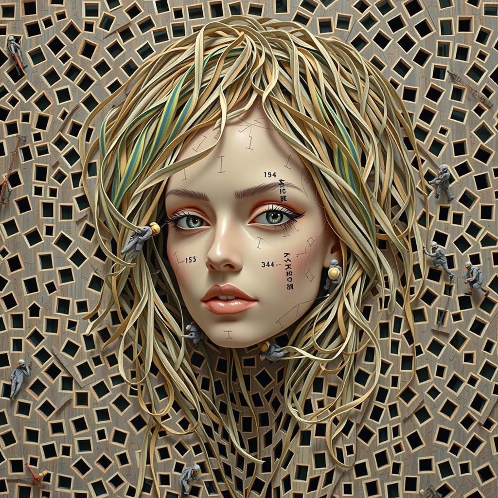 Disassembled Woman in Rainbow Hues and Wood Textures