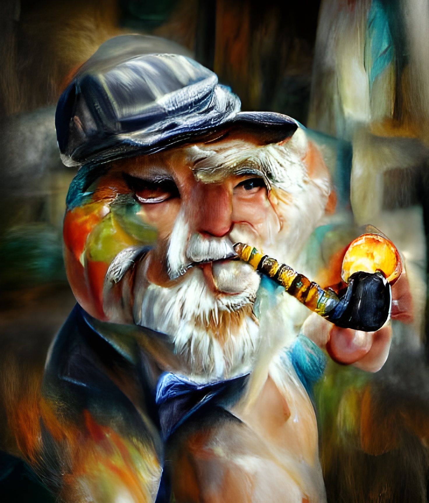 Colorful Oil Painting of Old Man Smoking