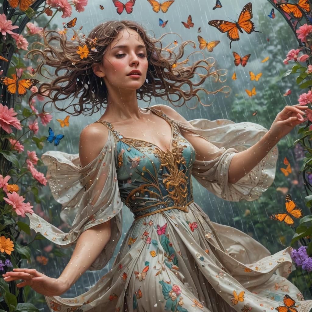 Lady Dancing in Rain: Art Nouveau Digital Art