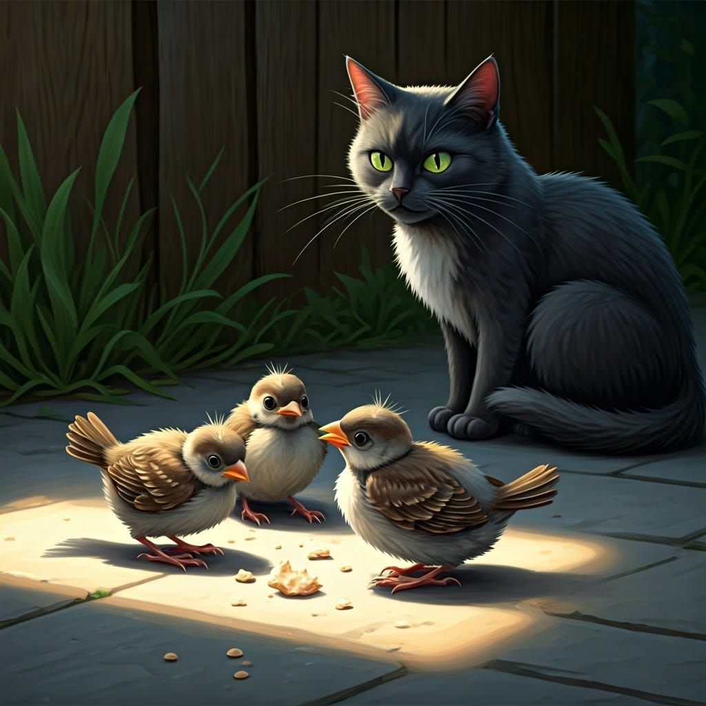 Sparrows and Cat in Sendak-esque Illustration
