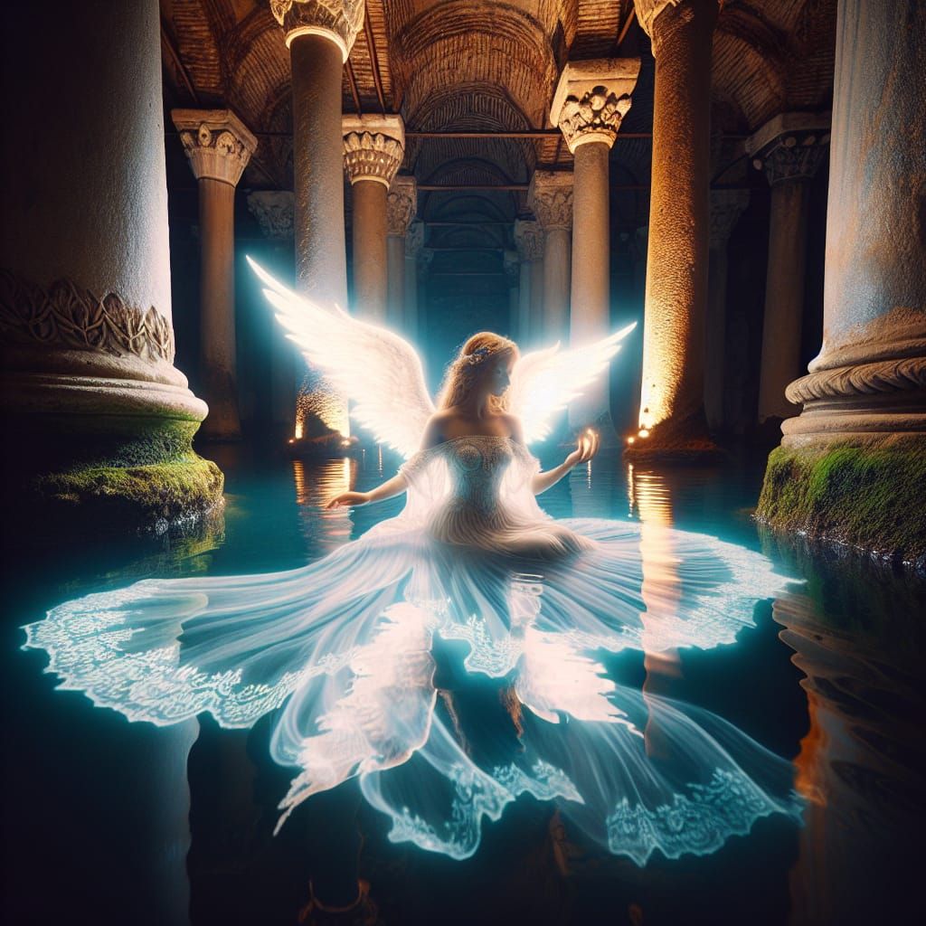 An angel swimming in the ancient bath of the Basilica Cister...