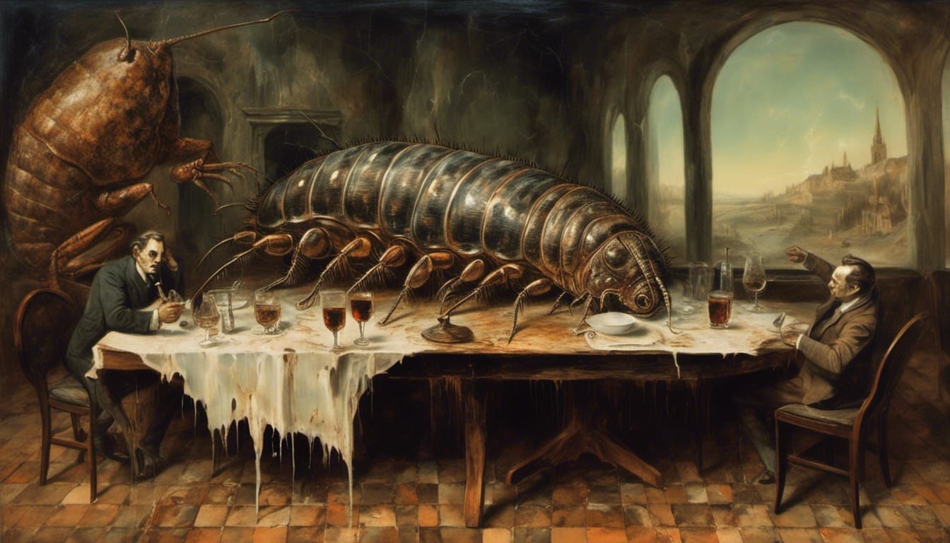 Dali-esque Woodlouse Drinking Cognac in 1930s Cafe