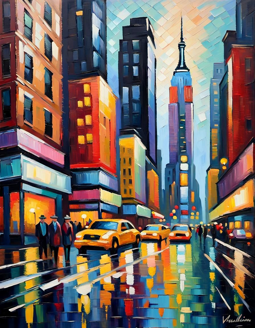 New York City Wet Night in Neo-Impressionist Style