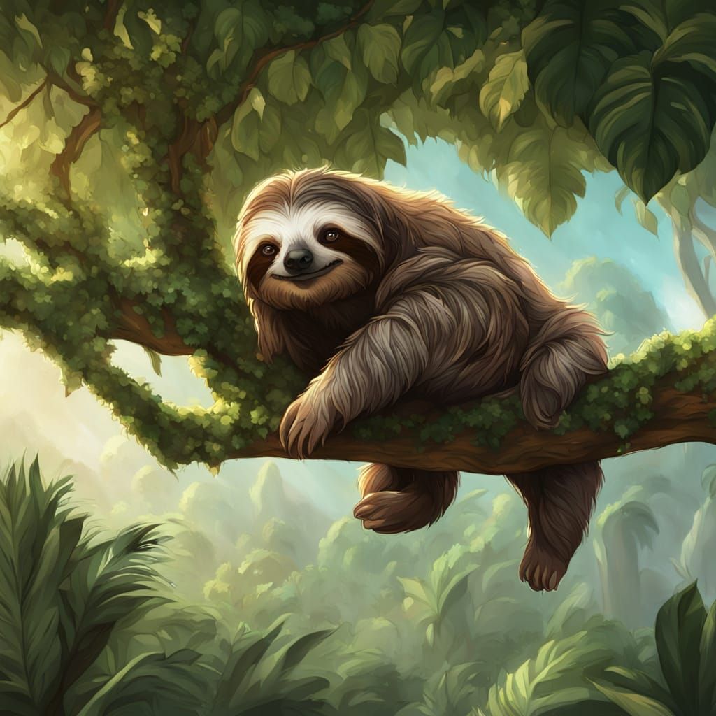 Green Sloth in Lush Jungle, Digital Painting