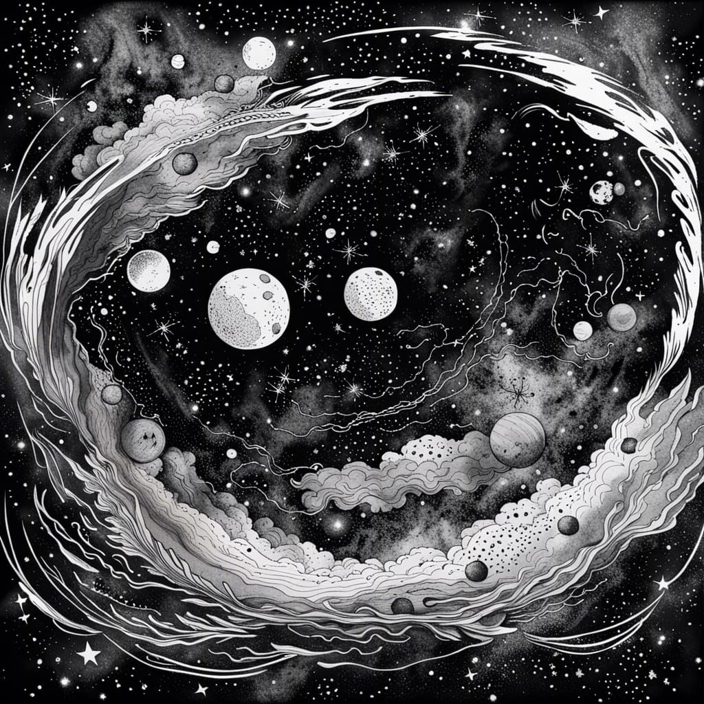 Monochrome Ink Galaxy Art with Starry Sky