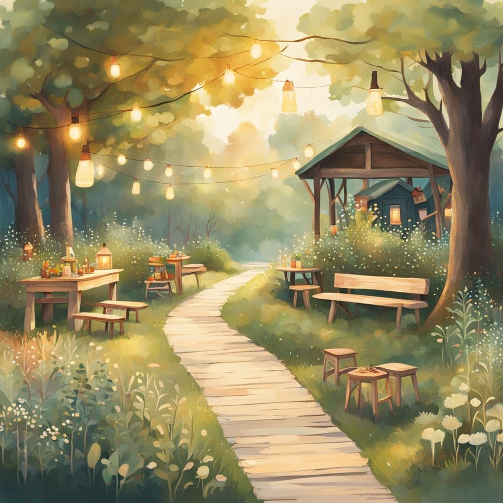 Whimsical Folk Art Beer Garden in Woods