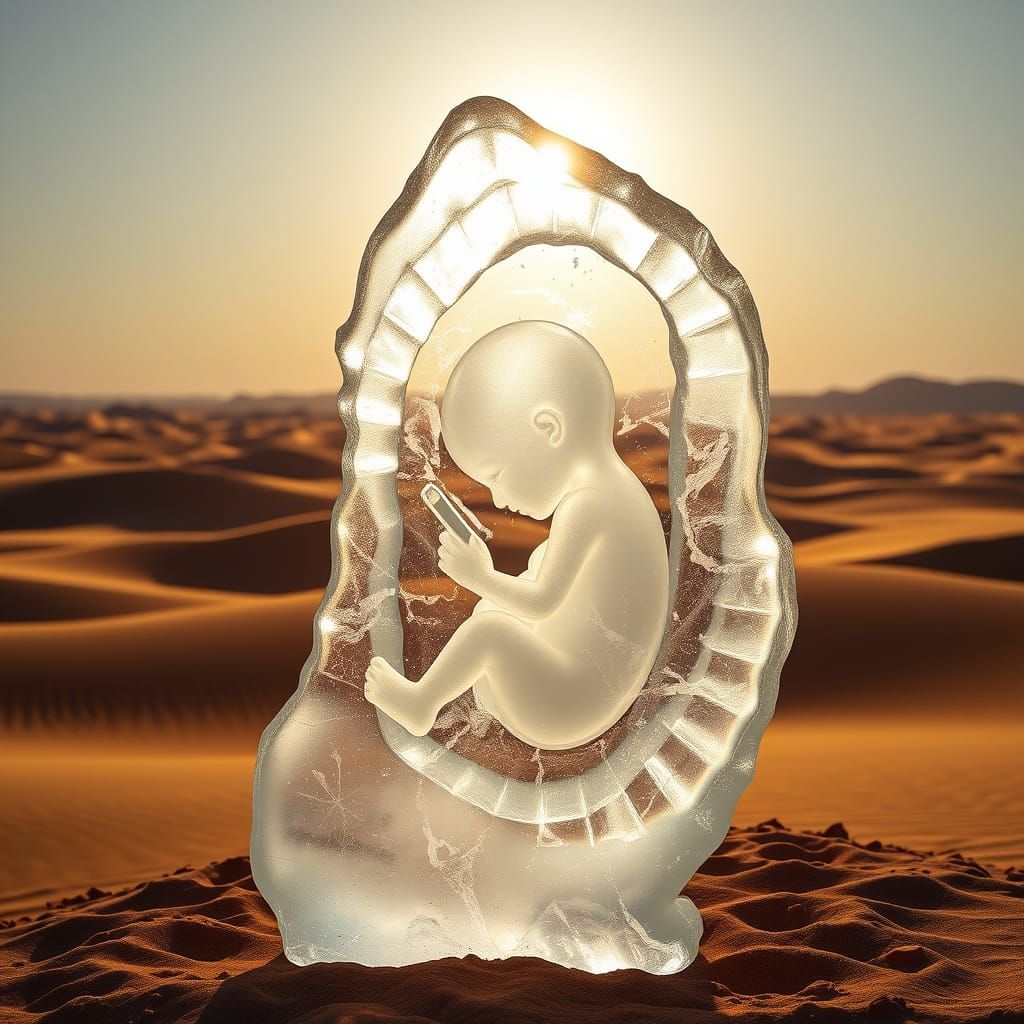Fragile Beauty in the Desert: An Ice Sculpture of a Fetus wi...