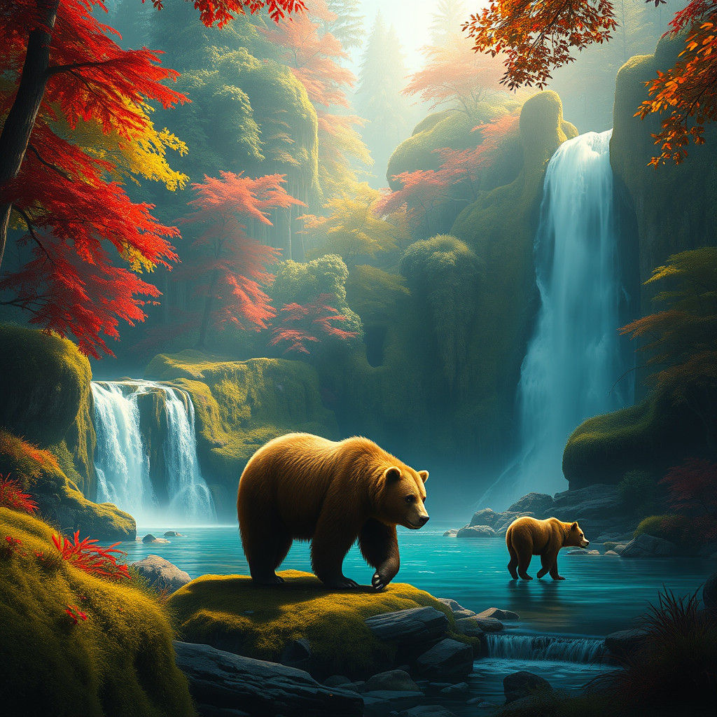 Lush Jungle Scene with Bears, Detailed Matte Painting